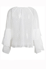 Triple Frills White Pom Pom Textured Blouse