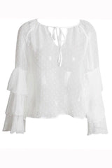 Triple Frills White Pom Pom Textured Blouse